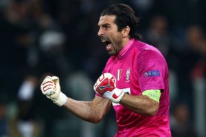 TURIN, ITALY - NOVEMBER 20:  Gianluigi Buffon of Juventus celebrates after Juventus score their second goal during the UEFA Champions League Group E match between Juventus and Chelsea at the Juventus Arena on November 20, 2012 in Turin, Italy.  (Photo by Clive Rose/Getty Images)